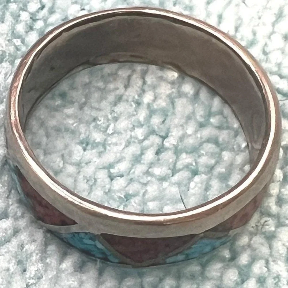 Vintage Turquoise Coral Ring Inlay Silver Plated AJ Southwestern‎ Sz8 3.2g READ